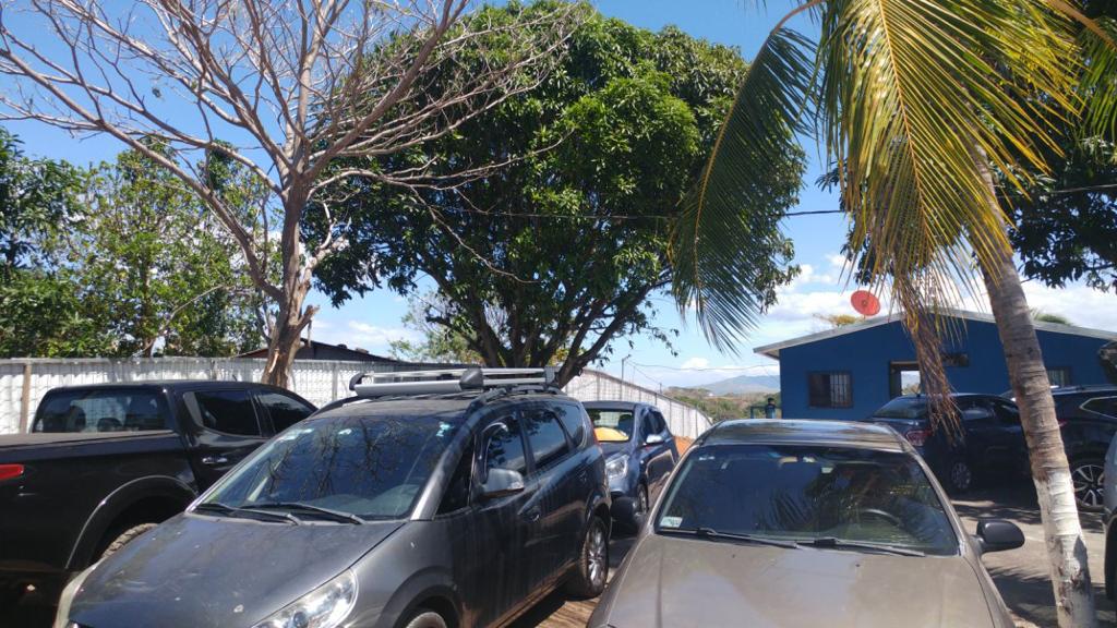 Zona BBQ con parrilla, mesa de comedor al aire libre y luces colgantes