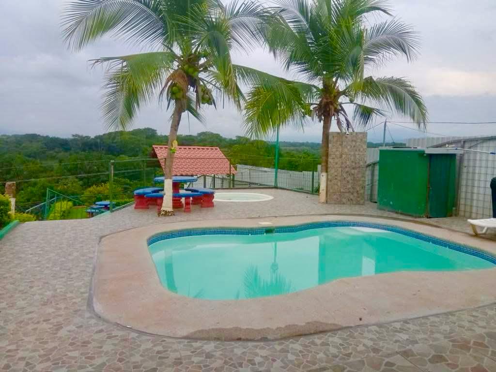 Piscina privada iluminada de noche con luces LED moradas atmosféricas